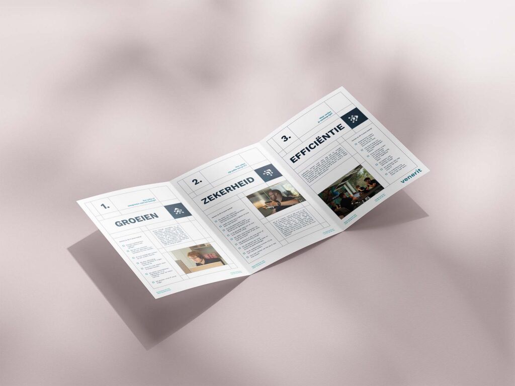 A mockup of a trifold brochure to show the branding of Venerit.