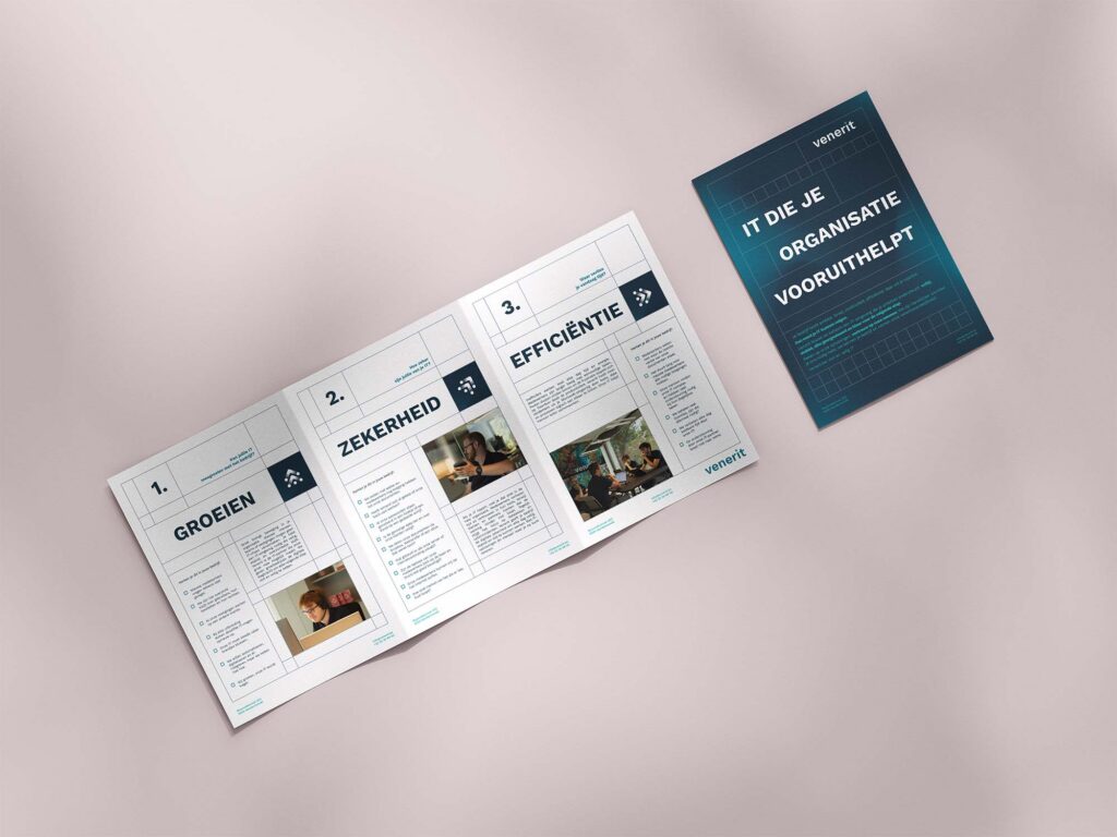 A mockup of a trifold brochure to show the branding of Venerit.